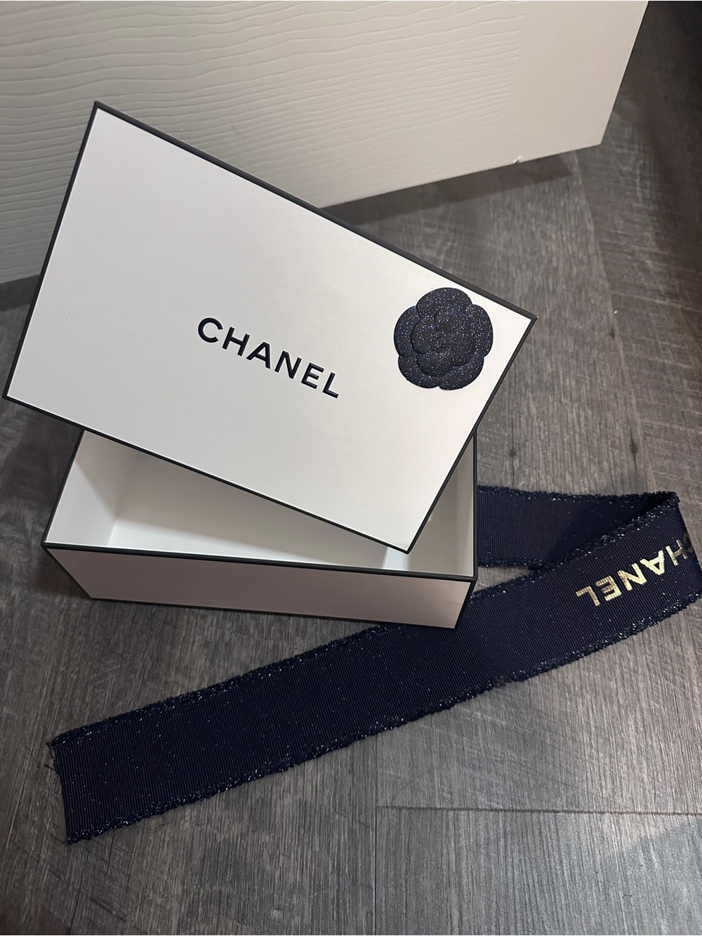 CHANEL White Presentation Box with Navy Camellia and Ribbon